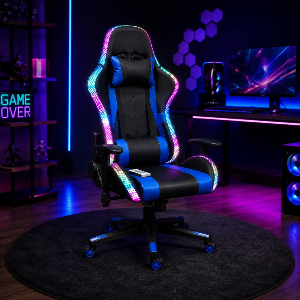 Gaming Καρέκλα Racing με RGB LED Φωτισμό – Μαύρο/Μπλε